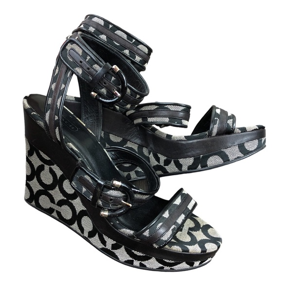 Coach Shoes - Coach Maralee Wedge Strappy Logo Leather Trim Sandal